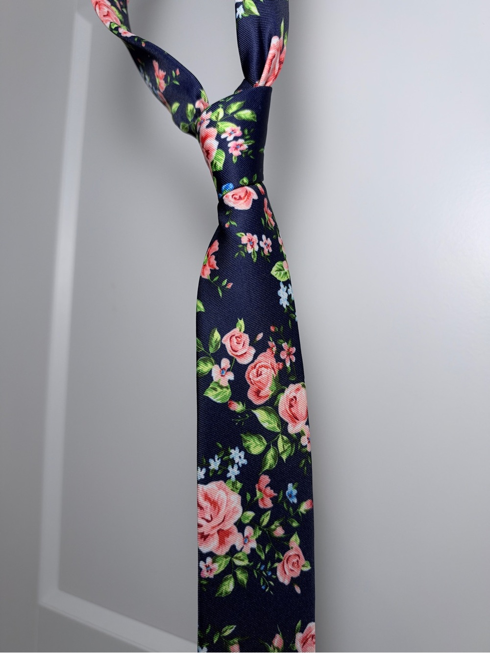 Express Floral Navy Tie with Pink Rose Print